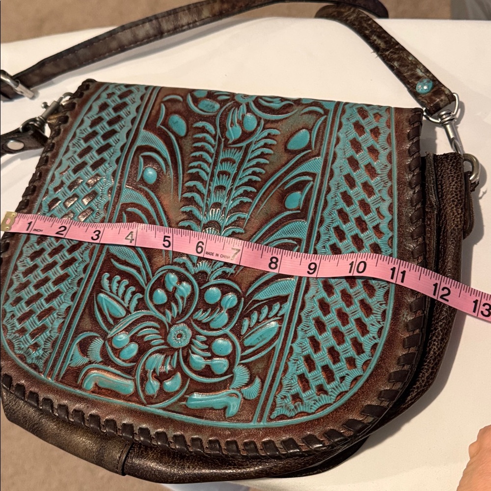 Turquoise and Brown Tooled Leather Crossbody Bag - Picture 9 of 10